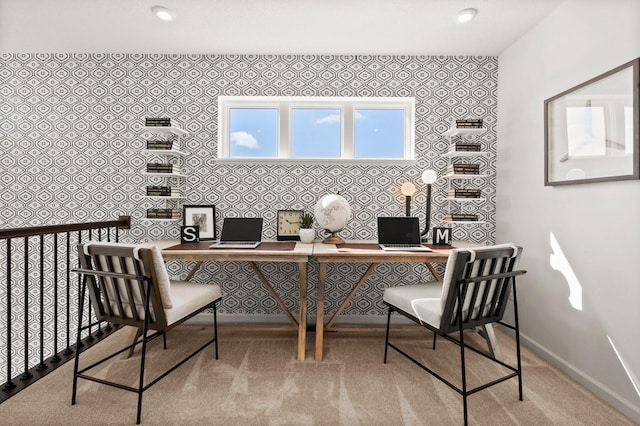 office area featuring carpet, recessed lighting, and baseboards