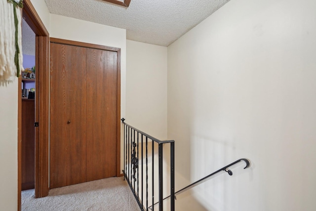 stairs featuring carpet flooring and a textured ceiling