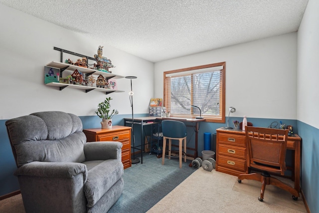 carpeted office space with a textured ceiling