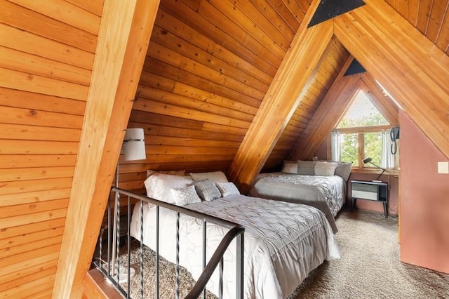 bedroom featuring carpet flooring, wooden ceiling, and vaulted ceiling