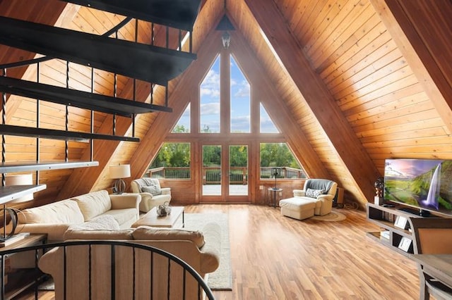 living area with wood ceiling, wood finished floors, and lofted ceiling with beams