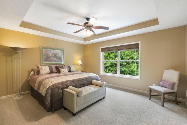 12566 Xylite St NE, Blaine, MN 55449 - bedroom featuring a tray ceiling, baseboards, light colored carpet, and a ceiling fan