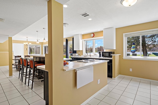 12329 Timber Ln, Maple Grove, MN 55369 - kitchen with black microwave, plenty of natural light, light tile patterned floors, light countertops, and a textured ceiling