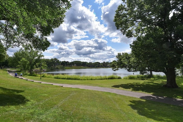 view of property's community featuring a water view and a yard