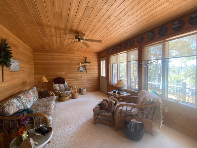 interior space featuring wood ceiling, wooden walls, and carpet flooring