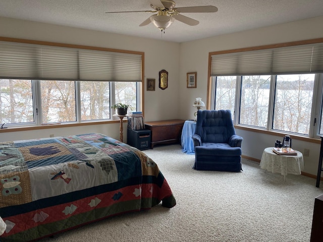 carpeted bedroom with a ceiling fan, multiple windows, and a textured ceiling