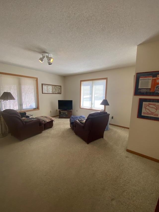 carpeted living room featuring a textured ceiling and baseboards