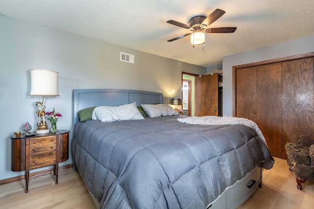 918 Division St, Elbow Lake, MN 56531 - bedroom with light wood-type flooring, a closet, ceiling fan, and a textured ceiling