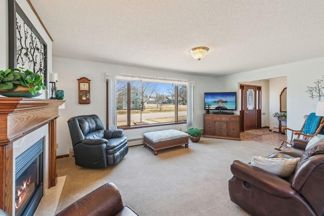 living area with a fireplace with flush hearth, a textured ceiling, and carpet flooring