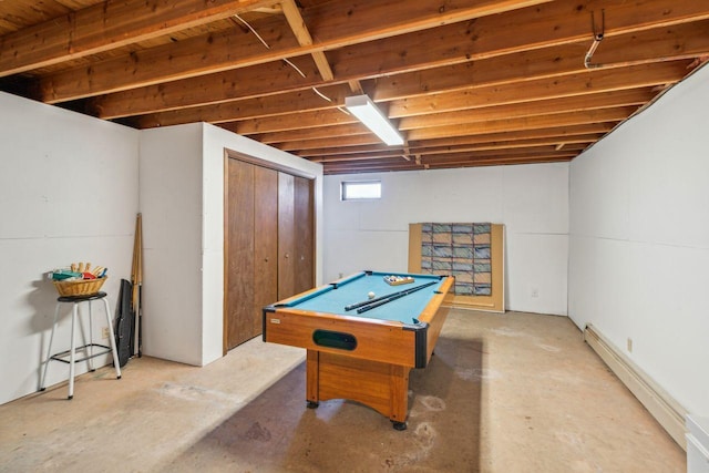 playroom featuring baseboard heating, concrete floors, and billiards