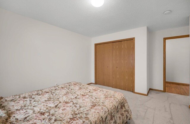 12626 43rd St NE, Saint Michael, MN 55376 - bedroom featuring a closet, light colored carpet, a textured ceiling, and baseboards