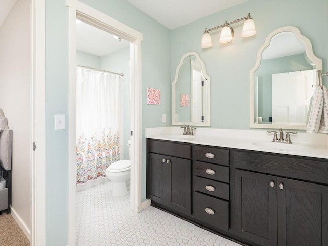 11460 Eagle Creek Ln, Rogers, MN 55374 - full bathroom with toilet, double vanity, curtained shower, and baseboards