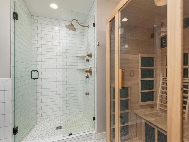 11460 Eagle Creek Ln, Rogers, MN 55374 - bathroom featuring a sauna, a shower stall, and recessed lighting