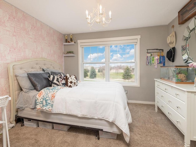 11460 Eagle Creek Ln, Rogers, MN 55374 - bedroom with light carpet, a chandelier, baseboards, and wallpapered walls