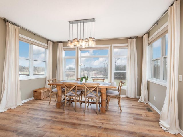 11460 Eagle Creek Ln, Rogers, MN 55374 - dining room featuring a chandelier, wood finished floors, plenty of natural light, and baseboards