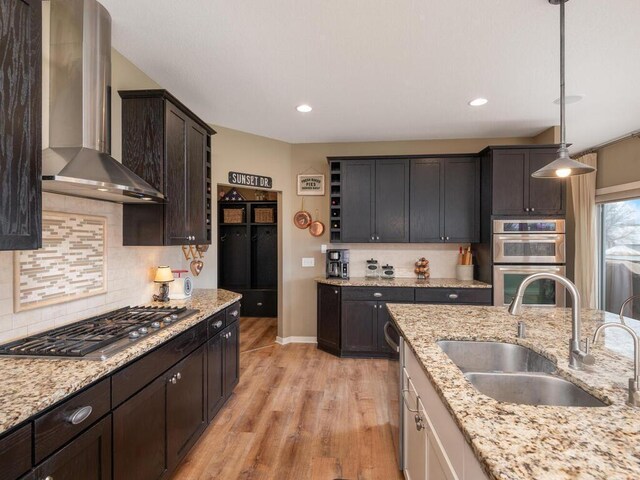 11460 Eagle Creek Ln, Rogers, MN 55374 - kitchen featuring wall chimney range hood, a sink, appliances with stainless steel finishes, light wood-type flooring, and backsplash