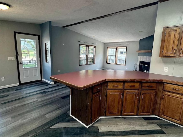 720 2nd St E, Lake Lillian, MN 56253 - kitchen with a textured ceiling, a peninsula, lofted ceiling, and dark wood finished floors