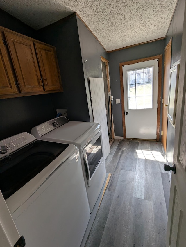 720 2nd St E, Lake Lillian, MN 56253 - laundry room featuring a textured ceiling, washing machine and dryer, light wood-type flooring, and cabinet space
