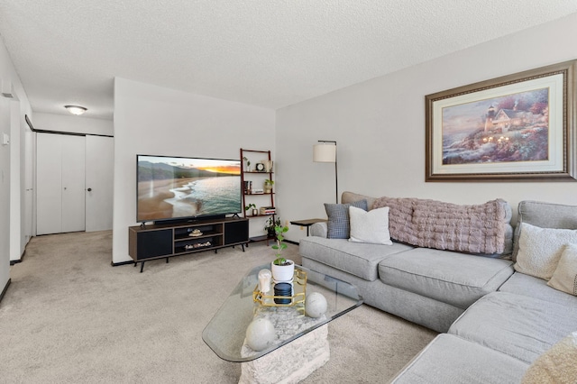 carpeted living room with a textured ceiling