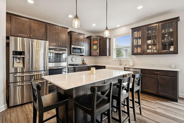 12985 Legacy Creek Pkwy NE, Blaine, MN 55449 - kitchen with stainless steel appliances, dark brown cabinets, a kitchen bar, recessed lighting, and light wood-type flooring