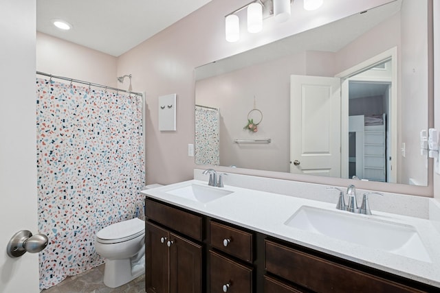 12985 Legacy Creek Pkwy NE, Blaine, MN 55449 - full bathroom with toilet, double vanity, and a shower with shower curtain