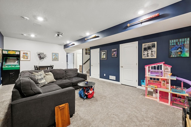 12985 Legacy Creek Pkwy NE, Blaine, MN 55449 - carpeted living area with a textured ceiling, recessed lighting, and baseboards