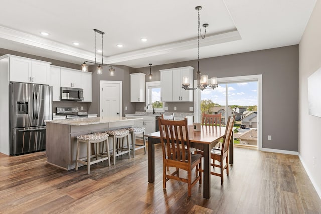 1302 Windrush Rd, Buffalo, MN 55313 - dining area featuring a tray ceiling, dark wood-type flooring, baseboards, a chandelier, and recessed lighting