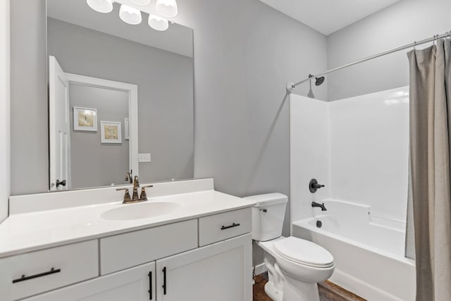 1302 Windrush Rd, Buffalo, MN 55313 - bathroom featuring toilet, vanity, shower / bath combination with curtain, and wood finished floors
