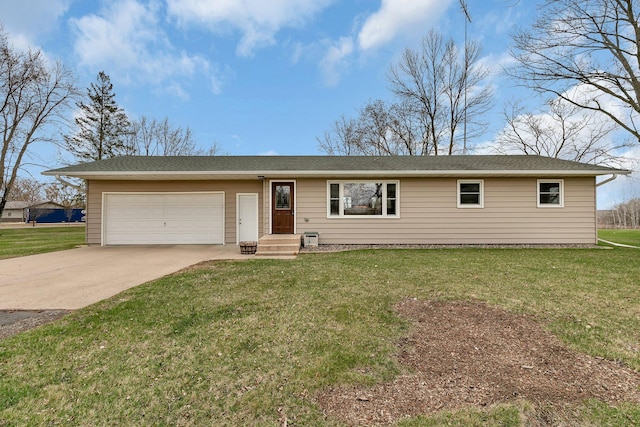 ranch-style house with an attached garage, a shingled roof, driveway, and a front yard