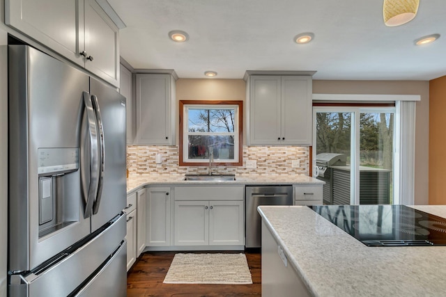 kitchen featuring appliances with stainless steel finishes, plenty of natural light, a sink, and dark wood-type flooring