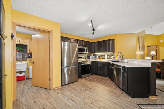 4674 Eagle Ridge Ln, Monticello, MN 55362 - kitchen featuring a peninsula, light wood-type flooring, appliances with stainless steel finishes, and a sink