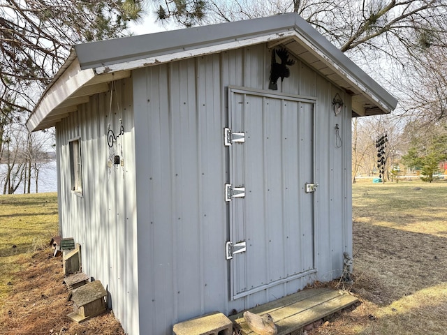 view of shed featuring a water view