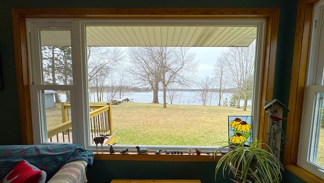 interior space featuring a water view