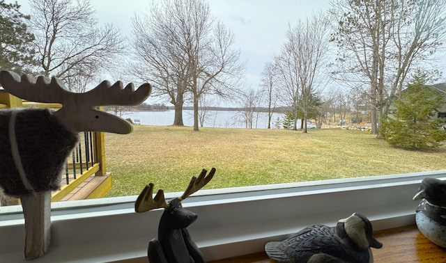 interior space with a water view