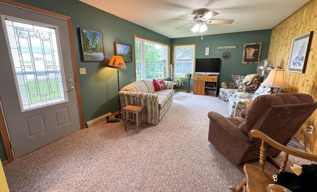 36777 311th Ln, Aitkin, MN 56431 - living room with carpet, ceiling fan, baseboards, and a textured ceiling