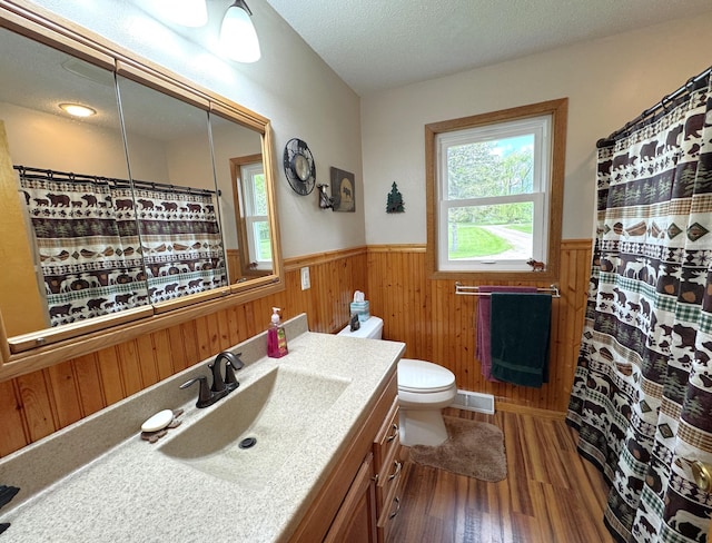 36777 311th Ln, Aitkin, MN 56431 - full bath with a wainscoted wall, toilet, wood finished floors, vanity, and wood walls
