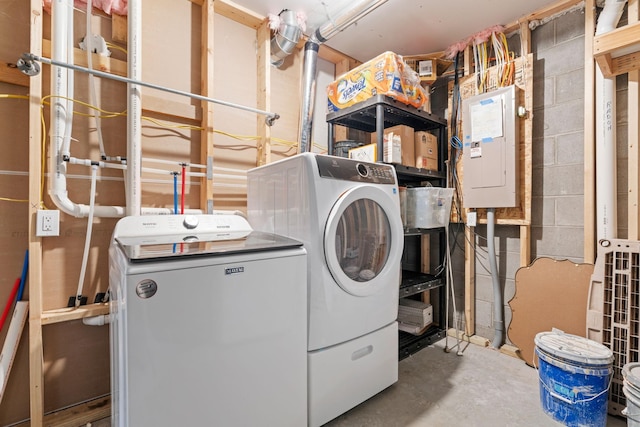 907 7th Ave, Wanamingo, MN 55983 - laundry area with electric panel, washing machine and dryer, and concrete block wall