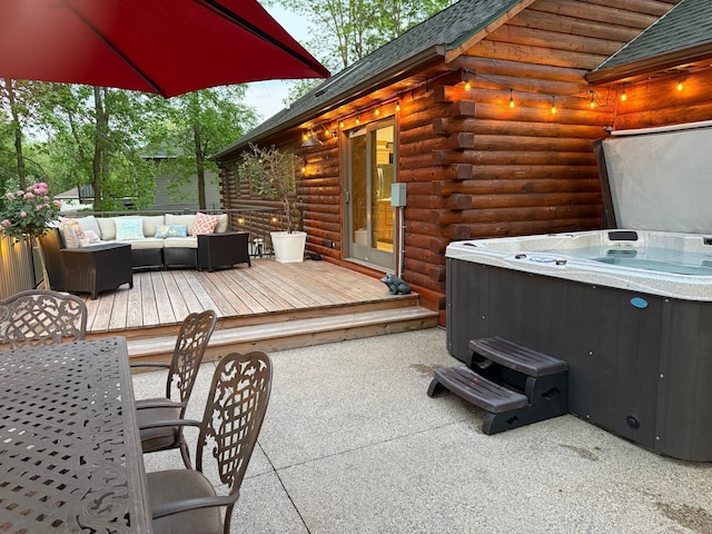 631 Pheasant Run, Winsted, MN 55395 - view of patio featuring a hot tub, a wooden deck, outdoor dining space, and outdoor lounge area