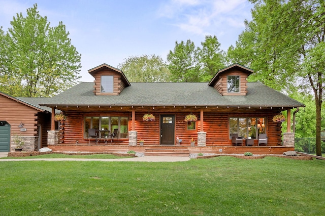 631 Pheasant Run, Winsted, MN 55395 - log home with a front yard, log siding, and a shingled roof