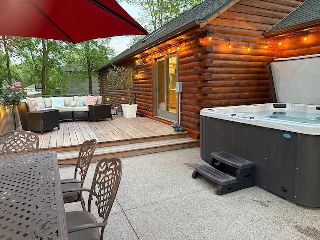 631 Pheasant Run, Winsted, MN 55395 - view of patio featuring a hot tub, a deck, outdoor dining space, and an outdoor living space