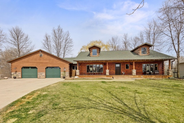 631 Pheasant Run, Winsted, MN 55395 - cabin featuring driveway, an attached garage, a front lawn, covered porch, and log siding