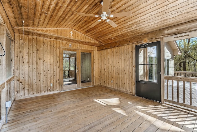 5411 Southwood Dr, Bloomington, MN 55437 - spare room featuring wood ceiling, ceiling fan, wood walls, wood-type flooring, and lofted ceiling