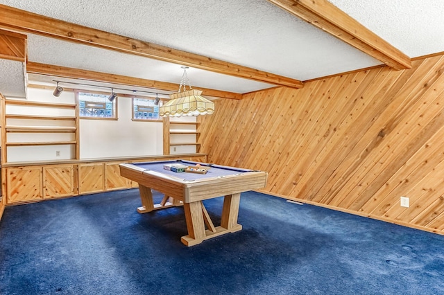 5411 Southwood Dr, Bloomington, MN 55437 - game room with pool table, wood walls, beam ceiling, and dark colored carpet