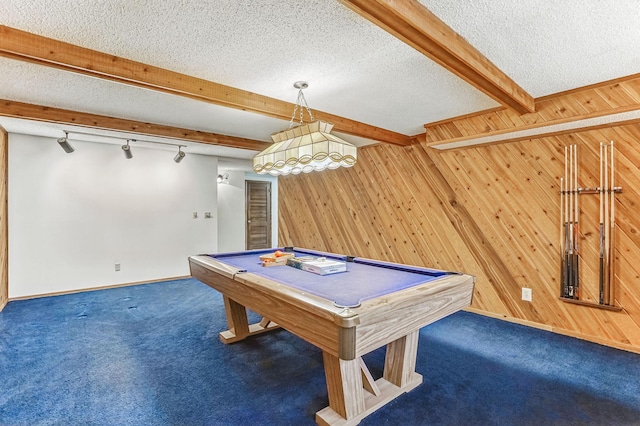 5411 Southwood Dr, Bloomington, MN 55437 - recreation room with track lighting, carpet floors, beamed ceiling, and wood walls