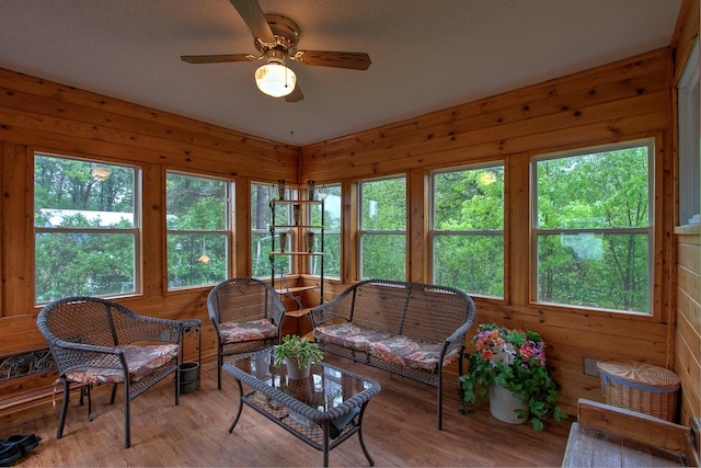 895 334th Ave NE, Cambridge, MN 55008 - living room with plenty of natural light, wooden walls, a ceiling fan, and light wood-style floors