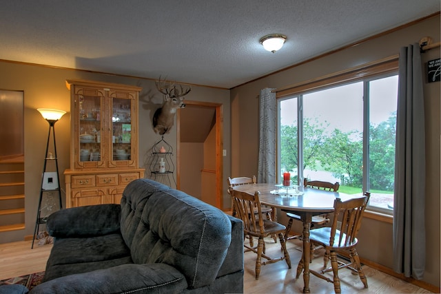 895 334th Ave NE, Cambridge, MN 55008 - dining space featuring stairs, light wood-style flooring, a textured ceiling, and ornamental molding