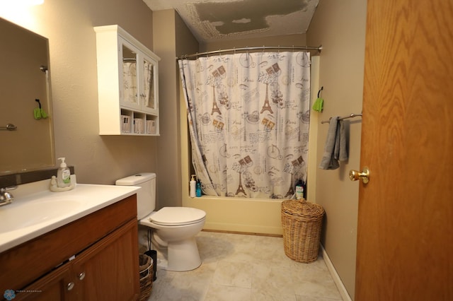 full bathroom with toilet, vanity, and shower / tub combo with curtain