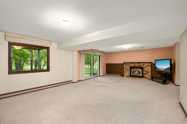 5410 Creek View Ln, Edina, MN 55439 - unfurnished living room with carpet, a fireplace, a baseboard heating unit, and a textured ceiling