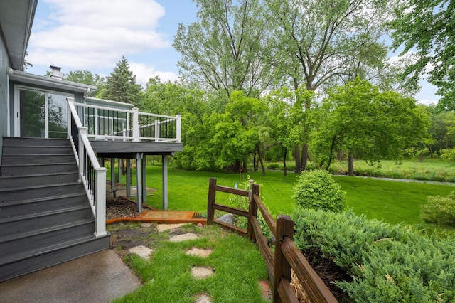5410 Creek View Ln, Edina, MN 55439 - view of grassy yard with stairs and a wooden deck