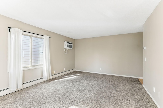 carpeted empty room with a baseboard heating unit, baseboards, and a wall unit AC